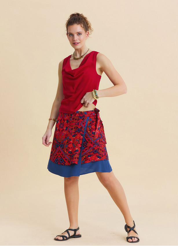 Double Layered Wrap Style Red Floral Skirt 4969