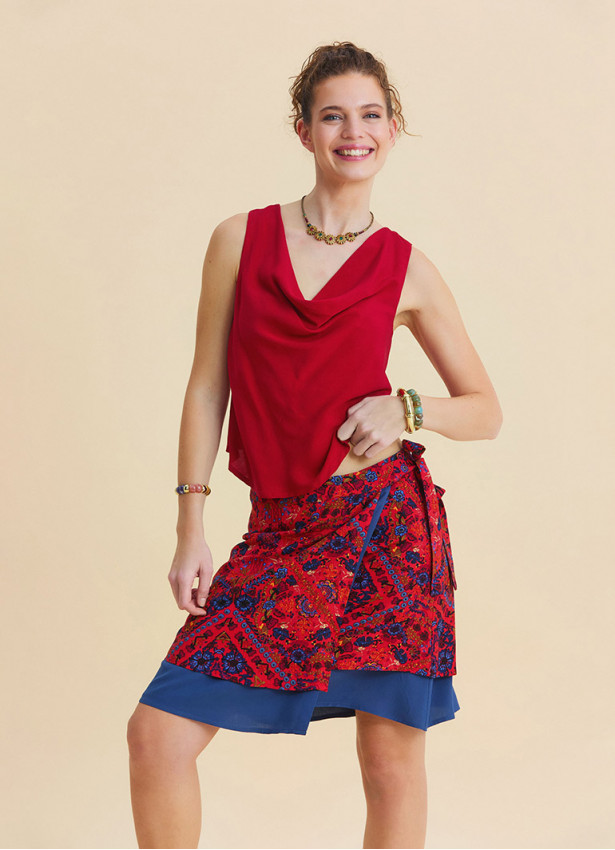 Double Layered Wrap Style Red Floral Skirt 4969