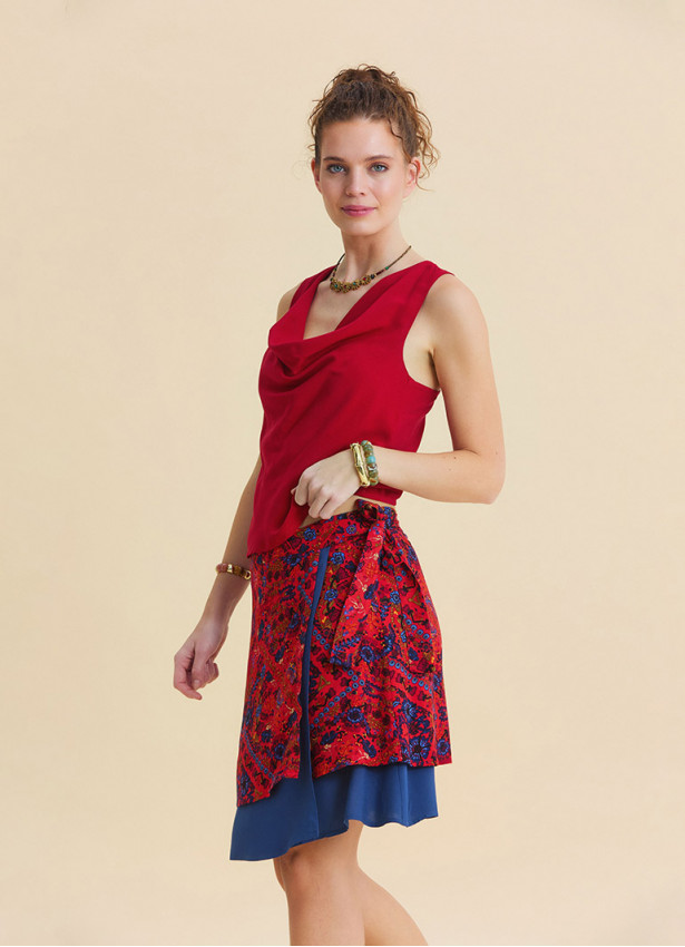 Double Layered Wrap Style Red Floral Skirt 4969