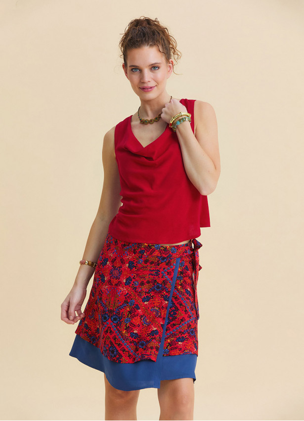 Double Layered Wrap Style Red Floral Skirt 4969