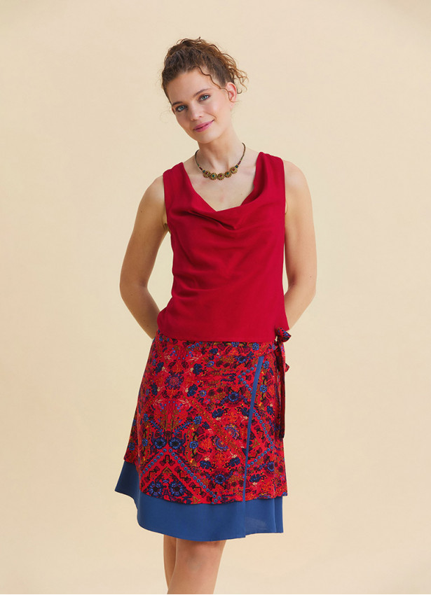 Double Layered Wrap Style Red Floral Skirt 4969