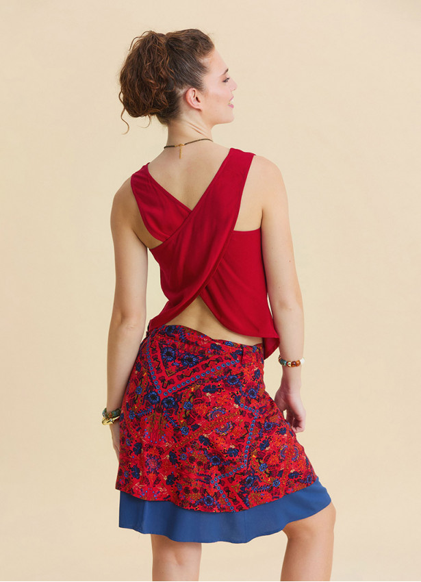 Double Layered Wrap Style Red Floral Skirt 4969