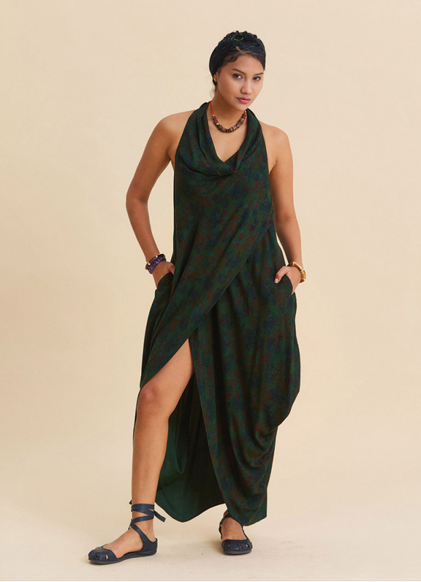 Asymmetrical Cut Green Authentic Dress with Open Collar 4803