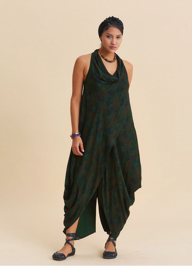 Asymmetrical Cut Green Authentic Dress with Open Collar 4803