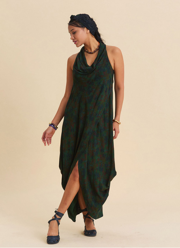 Asymmetrical Cut Green Authentic Dress with Open Collar 4803