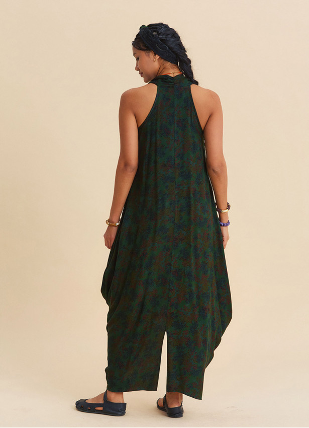 Asymmetrical Cut Green Authentic Dress with Open Collar 4803