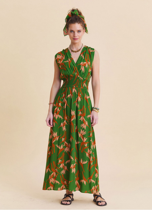 Green Ethnic Dress with Cross Over Neckline and Elasticated Waist 4808