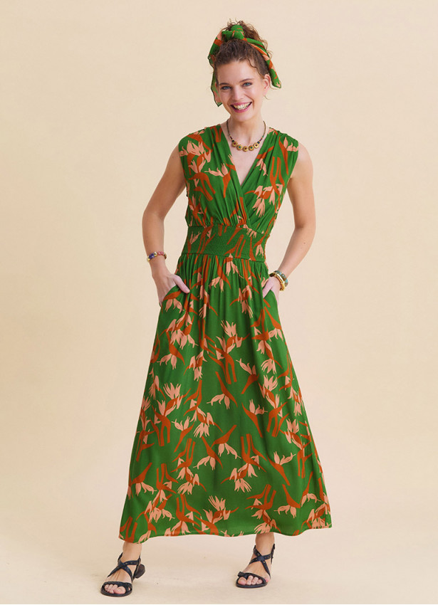 Green Ethnic Dress with Cross Over Neckline and Elasticated Waist 4808