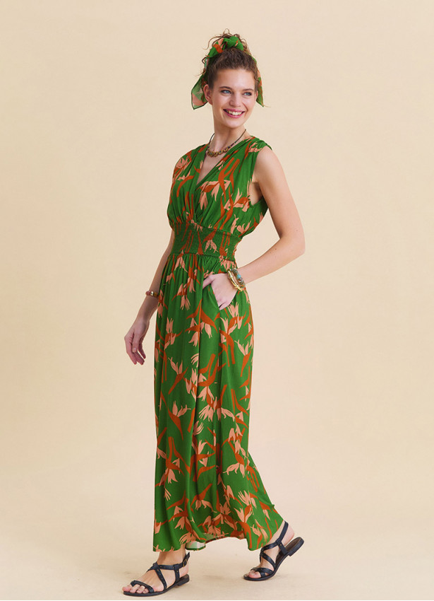 Green Ethnic Dress with Cross Over Neckline and Elasticated Waist 4808