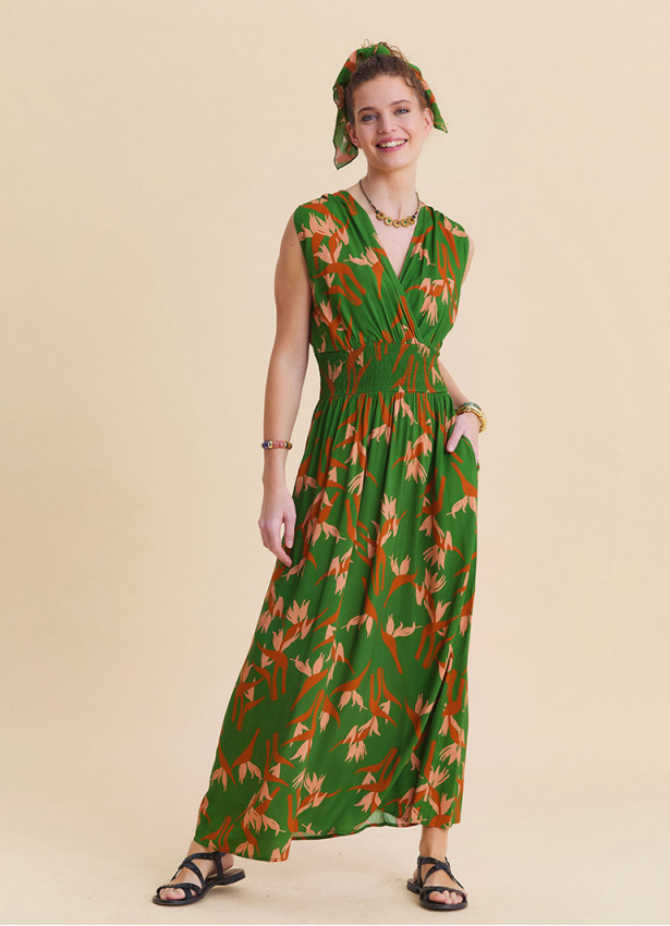 Green Ethnic Dress with Cross Over Neckline and Elasticated Waist 4808