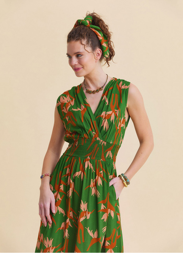 Green Ethnic Dress with Cross Over Neckline and Elasticated Waist 4808