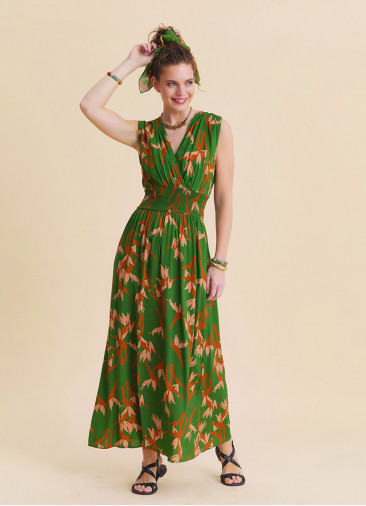 Green Ethnic Dress with Cross Over Neckline and Elasticated Waist 4808