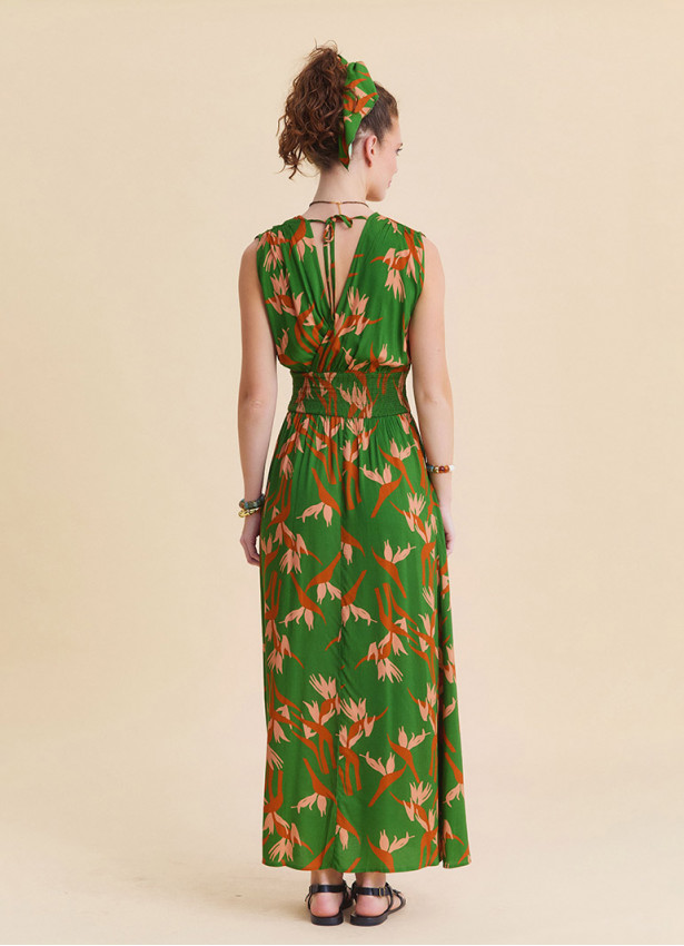 Green Ethnic Dress with Cross Over Neckline and Elasticated Waist 4808