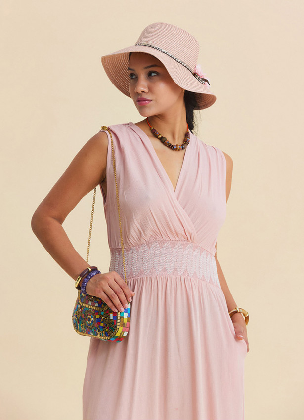 Pink Daily Dress with Cross Over Neckline and Elasticated Waist 4807