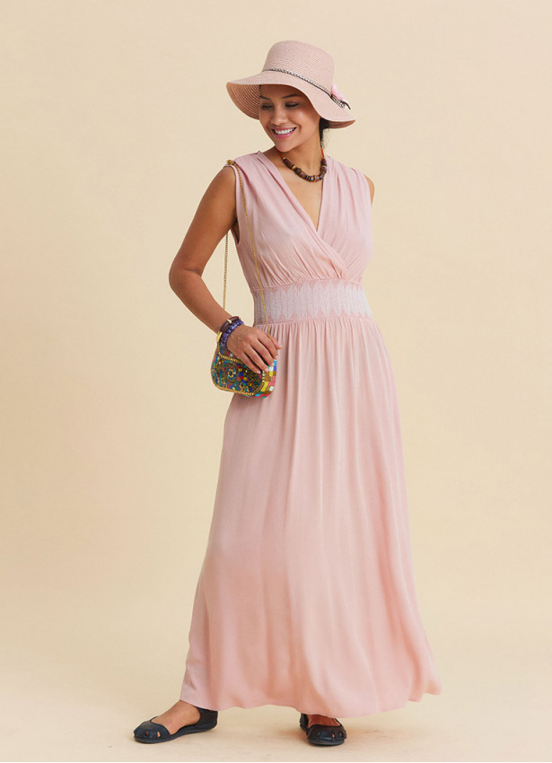 Pink Daily Dress with Cross Over Neckline and Elasticated Waist 4807