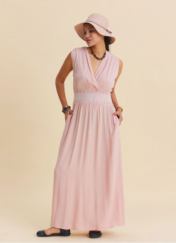 Pink Daily Dress with Cross Over Neckline and Elasticated Waist 4807