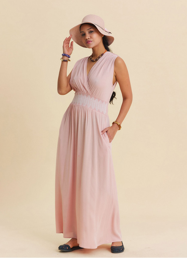 Pink Daily Dress with Cross Over Neckline and Elasticated Waist 4807