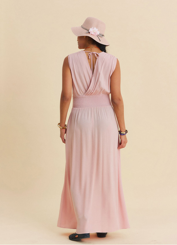Pink Daily Dress with Cross Over Neckline and Elasticated Waist 4807
