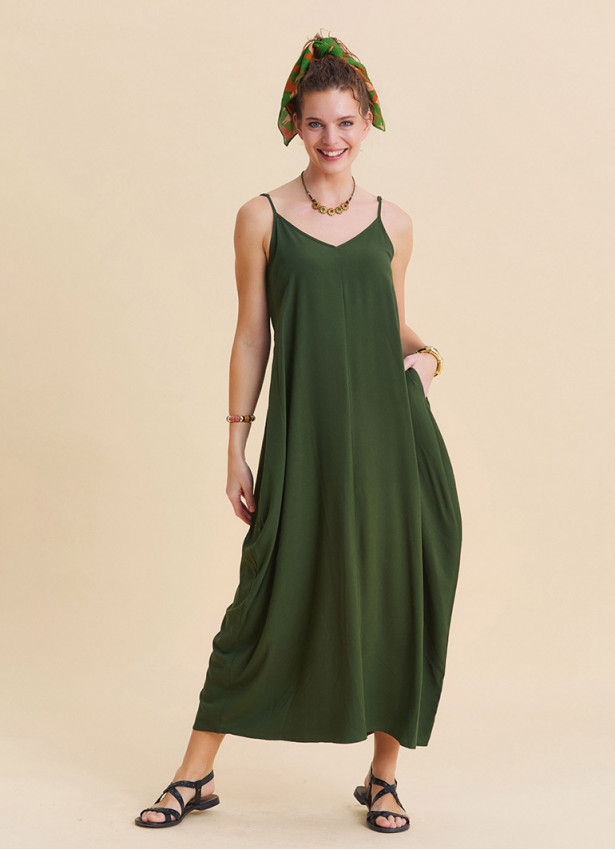 Wide Collar Thin Straps Khaki Long Dress 4813
