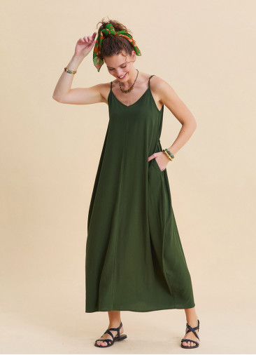 Wide Collar Thin Straps Khaki Long Dress 4813