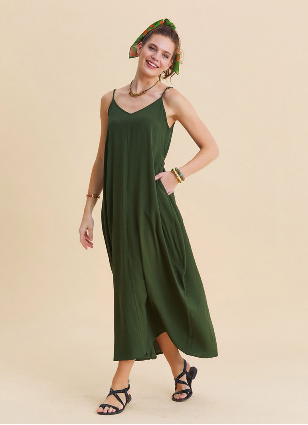 Wide Collar Thin Straps Khaki Long Dress 4813