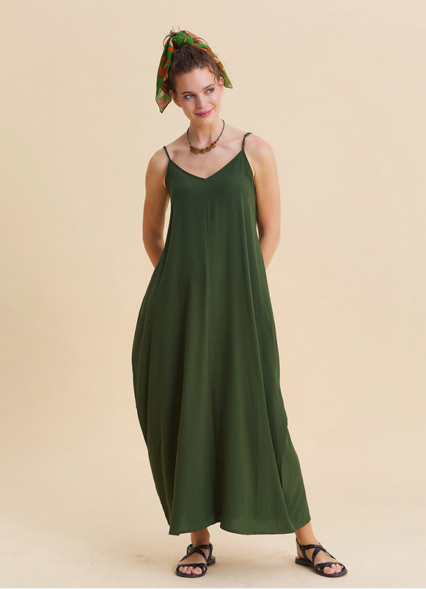 Wide Collar Thin Straps Khaki Long Dress 4813