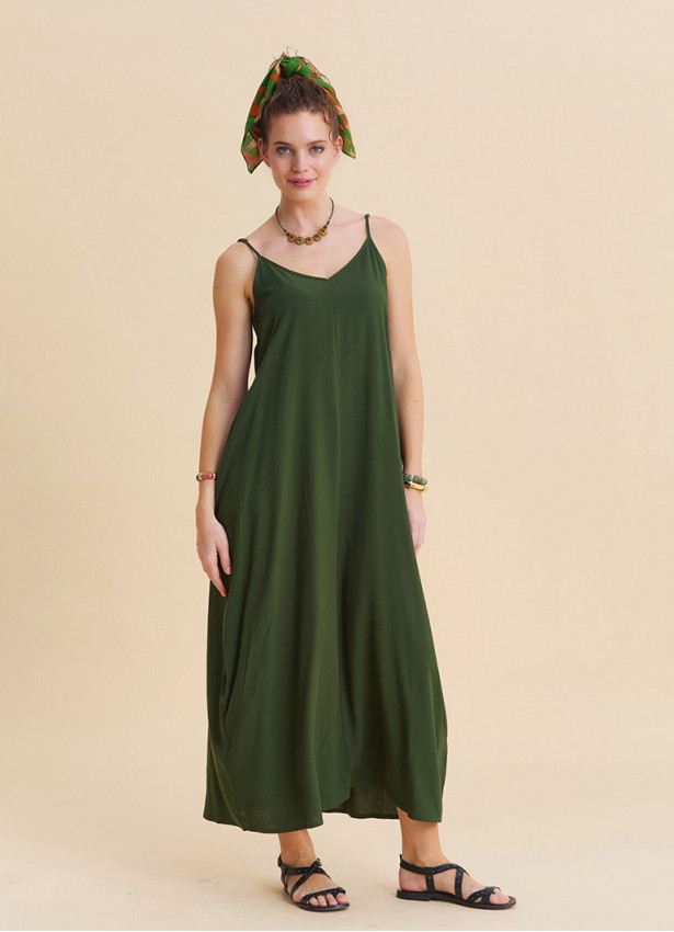 Wide Collar Thin Straps Khaki Long Dress 4813