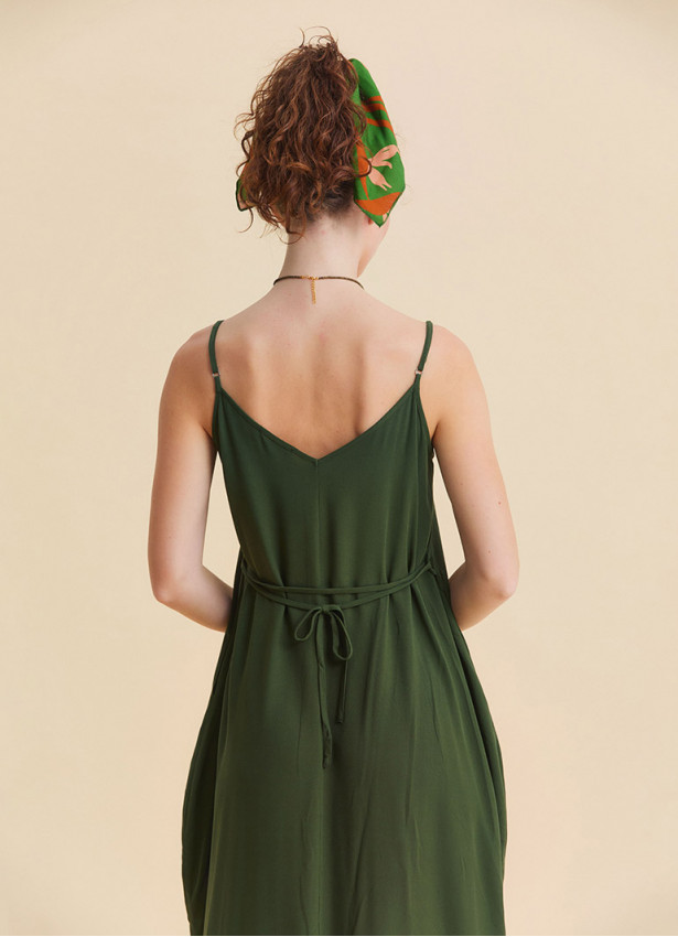 Wide Collar Thin Straps Khaki Long Dress 4813