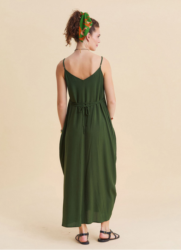 Wide Collar Thin Straps Khaki Long Dress 4813