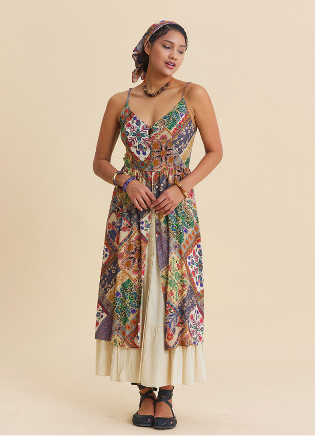 Beige Floral Dress with Thin Straps, Double Layer and Buttons 4909