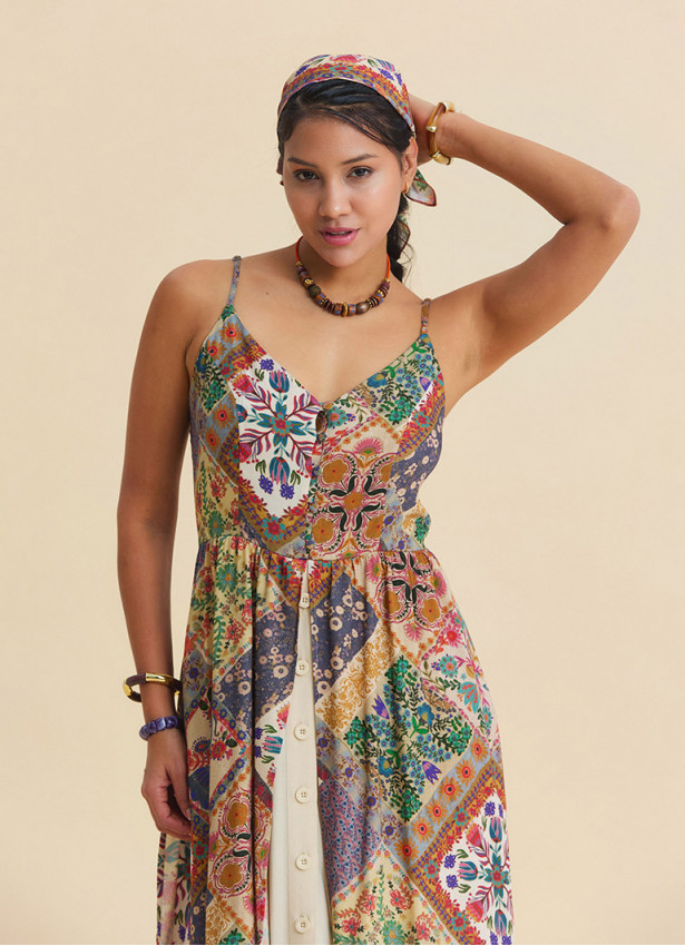 Beige Floral Dress with Thin Straps, Double Layer and Buttons 4909