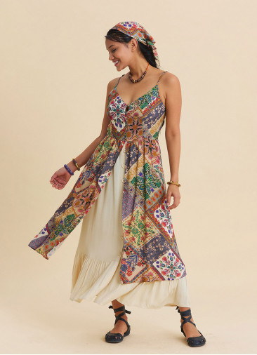 Beige Floral Dress with Thin Straps, Double Layer and Buttons 4909