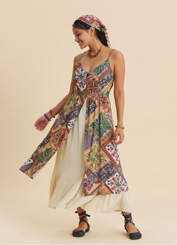 Beige Floral Dress with Thin Straps, Double Layer and Buttons 4909