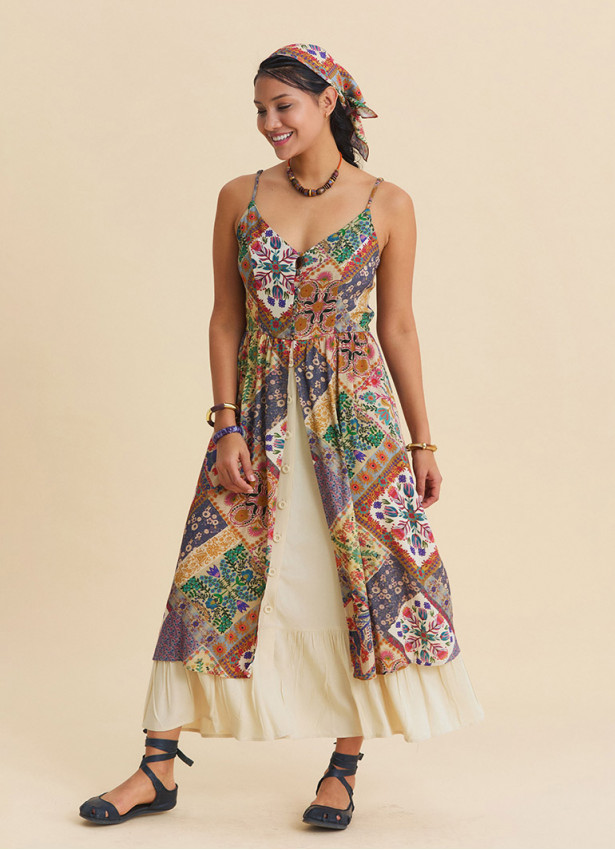 Beige Floral Dress with Thin Straps, Double Layer and Buttons 4909