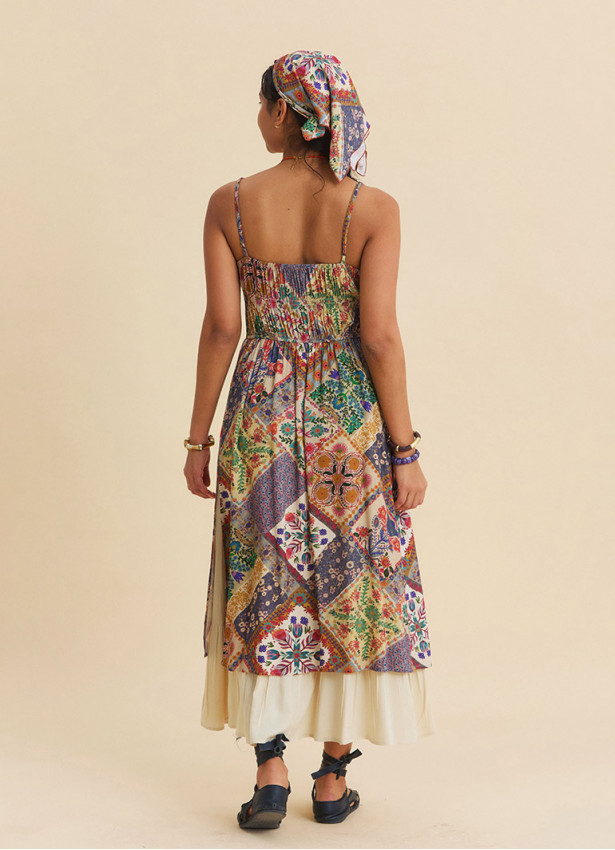 Beige Floral Dress with Thin Straps, Double Layer and Buttons 4909