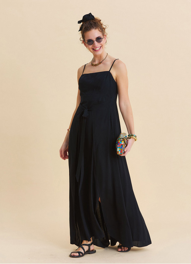 Black Long Dress with Thin Straps Tie Up and Side Slit 4802