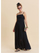 Black Long Dress with Thin Straps Tie Up and Side Slit 4802