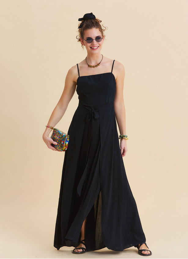 Black Long Dress with Thin Straps Tie Up and Side Slit 4802