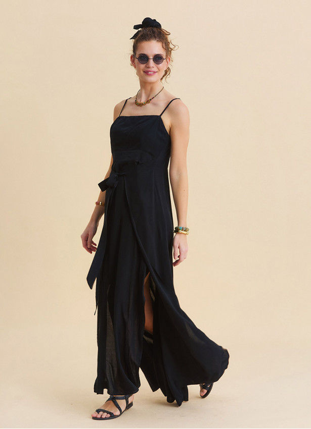 Black Long Dress with Thin Straps Tie Up and Side Slit 4802