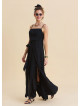 Black Long Dress with Thin Straps Tie Up and Side Slit 4802