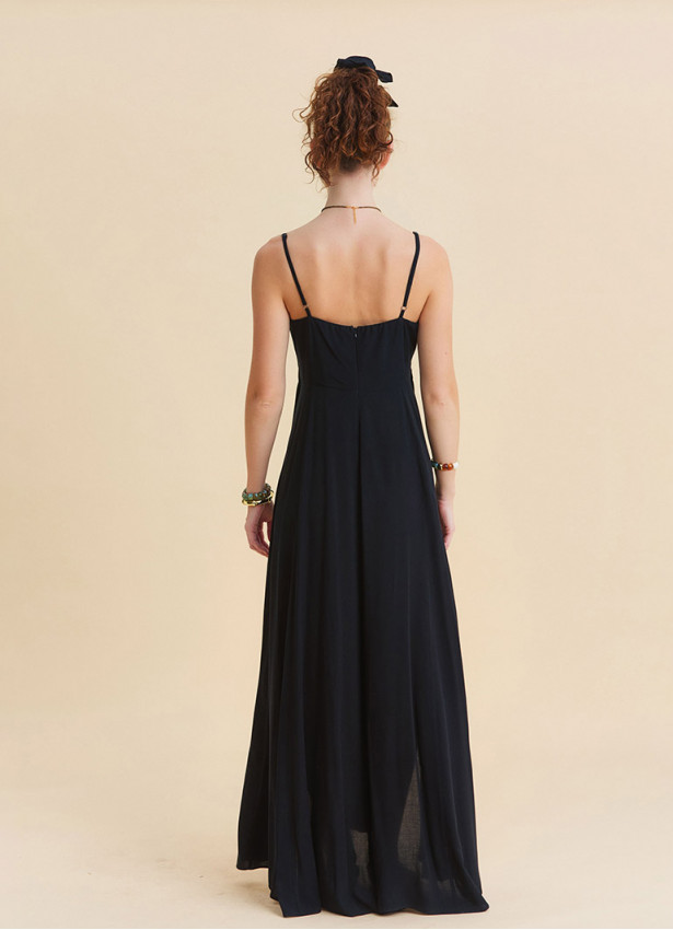Black Long Dress with Thin Straps Tie Up and Side Slit 4802
