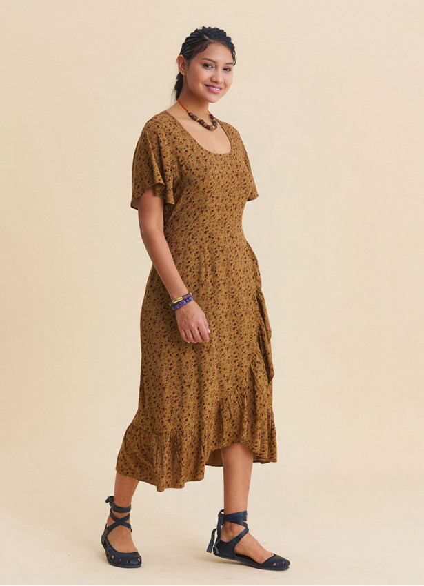 U Neck Double Breasted Ruffled Mustard Floral Dress  4950