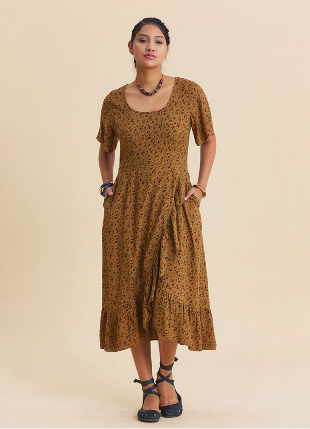 U Neck Double Breasted Ruffled Mustard Floral Dress  4950