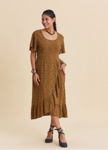 U Neck Double Breasted Ruffled Mustard Floral Dress  4950
