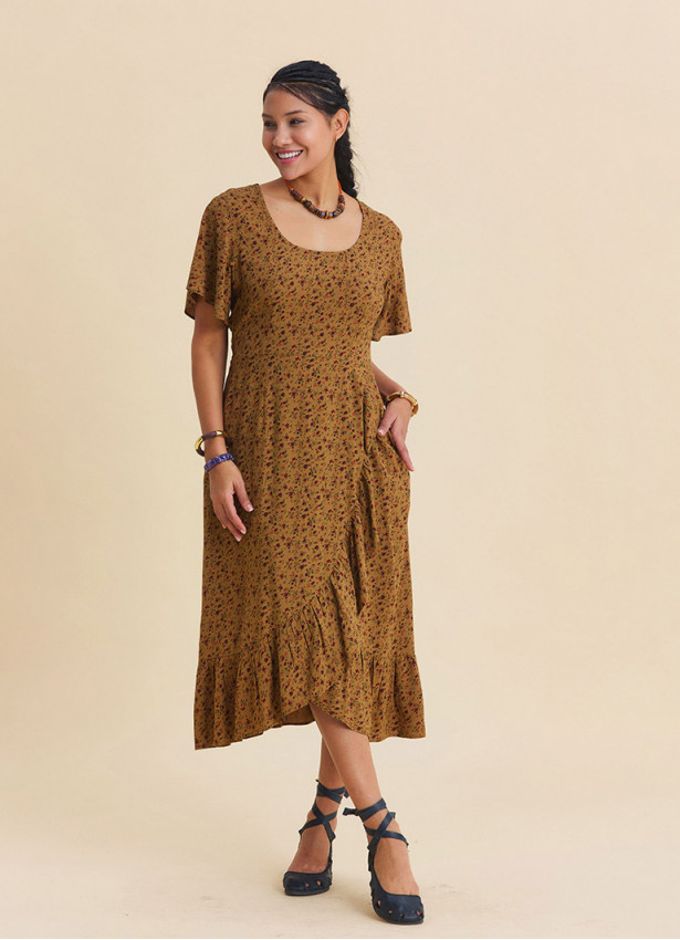 U Neck Double Breasted Ruffled Mustard Floral Dress  4950
