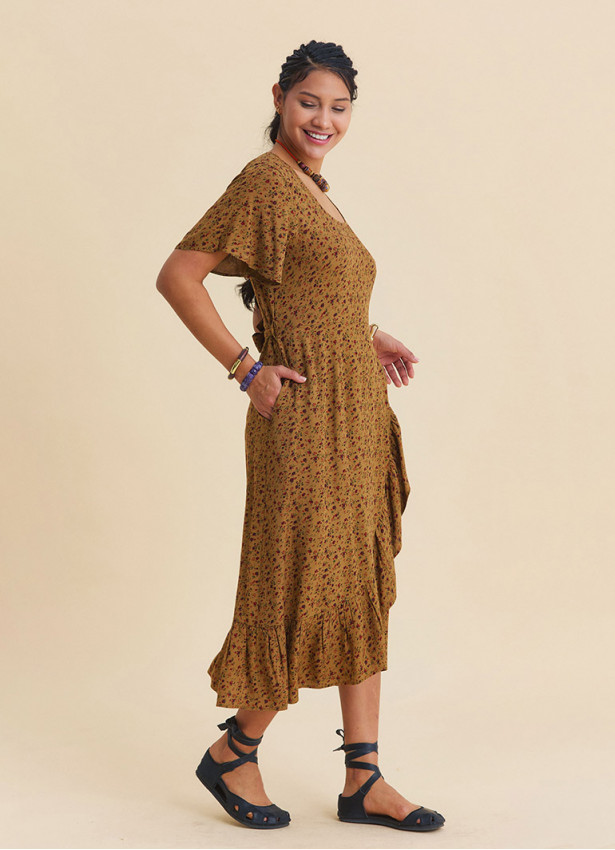 U Neck Double Breasted Ruffled Mustard Floral Dress  4950