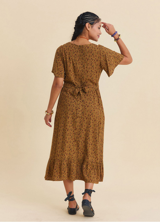 U Neck Double Breasted Ruffled Mustard Floral Dress  4950