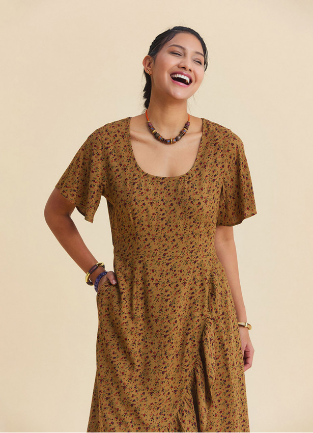 U Neck Double Breasted Ruffled Mustard Floral Dress  4950