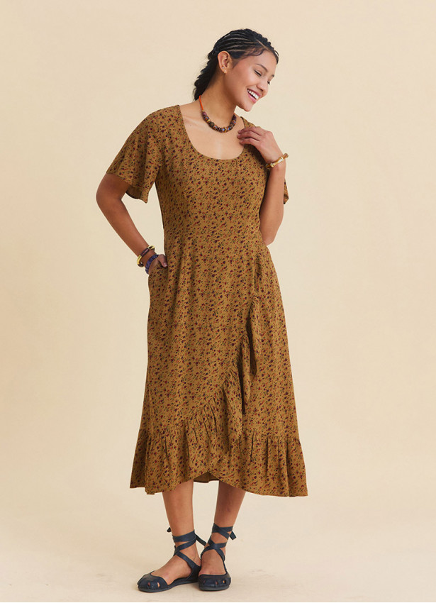 U Neck Double Breasted Ruffled Mustard Floral Dress  4950