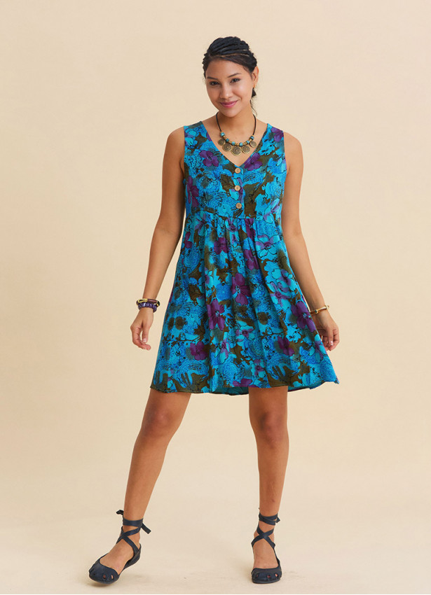 V Neck Button Detail Strapless Petrol Floral Dress 4806